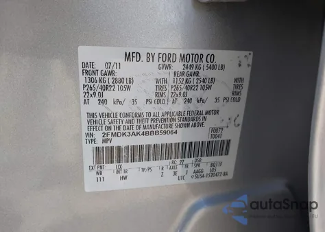 2011 Ford Edge Sport из США, поврежденный, VIN 2FMDK3AK4BBB59064